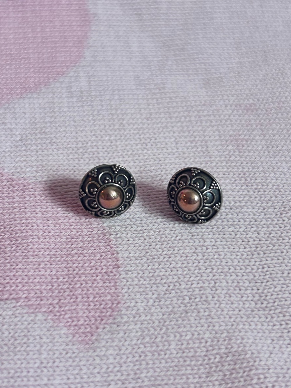 Vintage Ornate Silver-Tone Floral Stud Earrings with Rose Gold Center